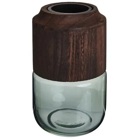 WILKO GREEN GLASS AND WOOD VASE